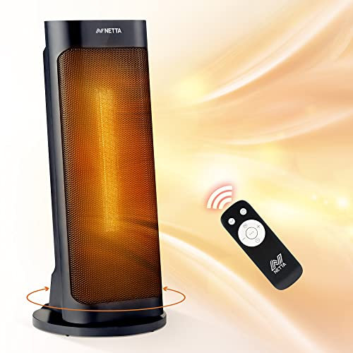 NETTA 2000W Ceramic Heater Oscillating Tower, Fast-Heating, Quiet Portable Heater with Remote Control and 7 Hour Timer, 3 Heating Modes, Tip-Over Protection - Black