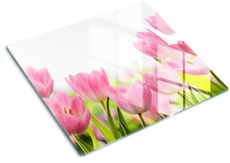 Glasschneidebrett 60x52 cm für die Küche Plastikfrei Dünn Glasplatte Hitzebeständig Rutschfest Silikonfüße Lebensmittelecht Dekorativ Antibakteriell Gehärtetes Glas - Rosa Tulpen