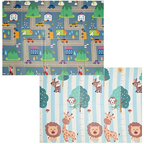 XXL Baby Spielmatte, Baby Krabbelmatte, faltbare Baby Bodenmatte, ungiftig, XPE Schaumstoff, beidseitig bedruckt und wasserdicht für Innen oder Außen (197 x 148 x 1cm)