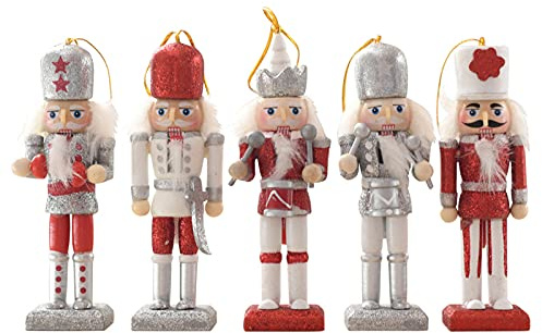 5 pcs Noël Casse-Noisette Soldat 12cm Soldat Casse-Noisette en Bois Décoration d'arbre de Noël Casse-Noisette Chiffres Casse-Noisette de Noël Ornements à suspendre de Noël Paillettes Rouge et Argent