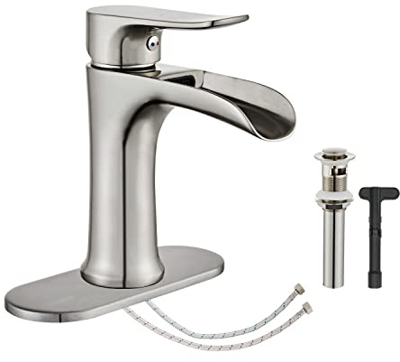 Brushed Nickel Bathroom Faucet Yundoom Waterfall Single Hole Single Handle Bathroom Sink Faucet with Pop Up Drain