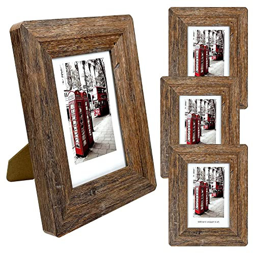 4x6 Picture Frames Set, Set of 4 Wooden Picture Frames Real Tempered Glass and Composite Wooden Rustic Rounded Corners Photo Display for Tabletop Wall Mount (Brown)