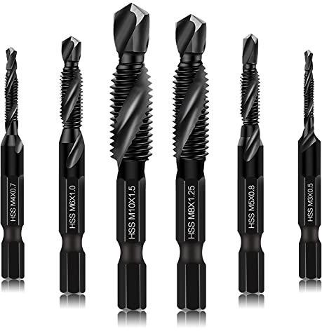 6-teiliges Kombi-Bohrer und Gewindeschneider-Set, Schraubengewinde-Bits in den Größen M3x0,5 M4x0,7 M5x0,8 M6x1,0 M8x1,25 M10x1,5 mit Rostschutz-Beschichtung, 6-mm-Sechskantschaf