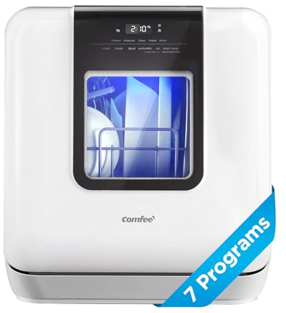 COMFEE' Countertop Dishwasher, Portable Dishwasher with 6L Built-in Water Tank, Mini Dishwasher with More Space Inside, 7 Programs, UV Hygiene& Auto Door Open, for Apartments, Dorms& RVs, White
