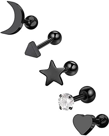 Aotiwe 5 Stück Septum Piercing Clicker, Nasenring Piercing Kugel Mond Stern Herz Dreieck mit Zirkonia Schwarz Set 7 Edelstahl 1.2mm