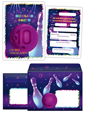 Junaversum 12 Einladungskarten incl. 12 Umschläge zum 10. Kindergeburtstag zehnte Geburtstag Mädchen Jungen Bowling Bowling-Party