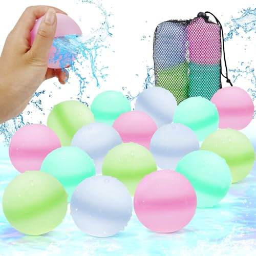 16 Stück Wiederverwendbare Wasserballons, Nachfüllbare Silikon Wasserbälle Strand Pool Spielzeug für Kinder Erwachsene, Outdoor-Sommer-Wasserspielzeug mit Mesh-Beutel, Sommer-Mottoparty-Vorräte (C)