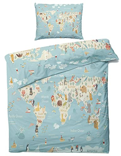 ZDABAOEC Tiere Weltkarte Kinderbettwäsche 100x135 Jungen Mädchen, Weiche Microfaser Kinder Baby Bettwäsche 2er Set - 1 Bettbezug + 1 Kissenbezug 40x60, mit Reißverschluss, Wende Motiv