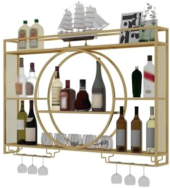 KEPMOGOH Modern Wall Mounted Wine Rack, Metal Wine Bottle Rack, Glass Rack Iron Display Stand, Wine Holder With Shelves, Champagne Stemware Glass Storage Rack For Bar Restaurant (Gold, 120CM/47.2IN)