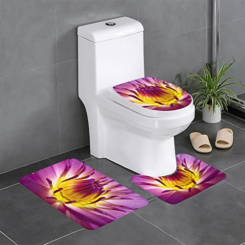 TRESILA 3-teiliges Badematten-Set, rutschfest, Badezimmermatte, WC-Vorleger, Teppich, Flanell, Bodenmatte, Druck, Türmatten – Gelbe Lotusblume