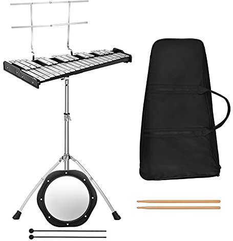 COSTWAY Xilófono de 32 Notas, Instrumento de Percusión Plegable con Soporte Ajustable, Atril, Panel de Práctica, Mazos de Campana, Baquetas de Madera, Juego de Xilófono con Bolsa de Transporte