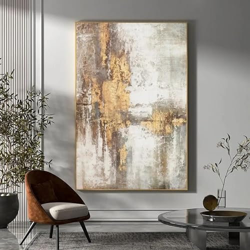 BIEMBI Großes abstraktes Ölgemälde in Beige-Gold-Grau für Wohnzimmer, große Gemälde mit Goldrahmen, fertig zum Aufhängen, skandinavische Wandkunst, 50 x 70 cm, Rahmen