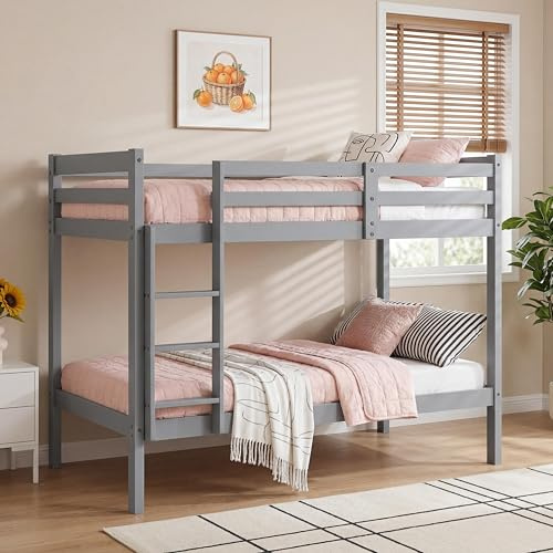Panana Bunk Bed 3FT Wooden Bunky Sleeper Bed, Sturdy Safety Guardrail Kids High Sleeper Bed With Ladder, Space Saving Children Bedroom Furniture For Boys Girls Toddlers(Grey,Bed Frame)