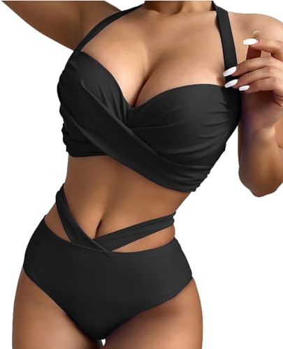 Baynetin Maillot de Bain Femme 2 Pièces, Ensemble de Bikini Deux Pièces Sexy à col en V Taille Haute Contrôle du Ventre Halter Réglable Costume de Bain sans Dos Bikini Set (Noir, XL)