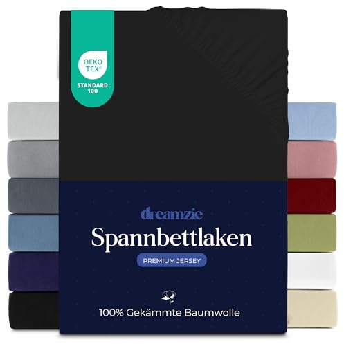 Dreamzie - Spannbettlaken - 180x200cm - 100% Gekämmte Baumwolle - Jersey | Schwarz · Leintuch mit Rundumgummi · Spannbetttuch bis 27cm Steghöhe · Oeko-Tex zertifiziert · Premium · Einzelbett