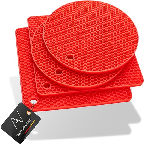 AVANA Silikon Untersetzer (4er Set) Premium Topfuntersetzer Rot | Multifunktionale Topflappen, Hitzebeständig, Spülmaschinenfest, Rutschfest, Wabenmuster (2 Rund, 2 Viereckig)