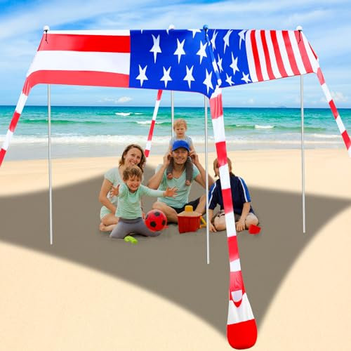 Wesnoy Pop-Up-Strandzelt, 3 x 3 m, 4. Juli, Camping-Sonnenschutz, LSF 50+, tragbares Strandzelt mit Sandschaufel, Bodenheringen und Stabilität, 4 Aluminiumstangen, Outdoor-Schatten für