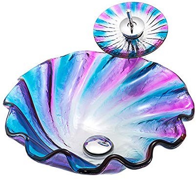 Waschbecken aus gehärtetem Glas, Regenbogenfarben, Wellenform, künstlerisches Gefäß, Badezimmer-Waschbecken, oberes Waschbecken, Kombination mit Wasserhahn, Pop-Up-Ablauf und Fallrohr (Regenbogenfarb