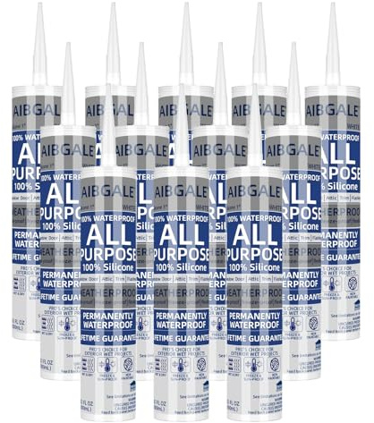12 Pack White Silicone Sealant, Waterproof 100% Silicone Caulk, Silicone Caulking for Aquarium, Kitchen, Bathroom, RV, Interior & Exterior Use, 10.1 oz (12)