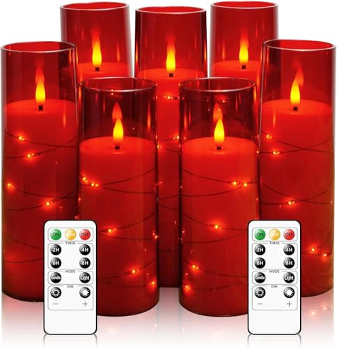 Bibykivn LED Kerzen - 7 Stück Flammenlose Batterie Kerzen mit Timerfunktion - Helle Blinkend Elektronische Kerzen mit Fernbedienung für Hochzeitsdekoration, Valentinstag, Halloween, Weihnachten (Rot)