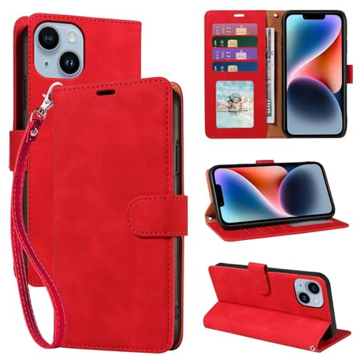 GOTOURED Étui de téléphone à rabat en cuir souple, 4 emplacements pour cartes, blocage RFID, protection antichoc et dragonne, pour iPhone 14 (rouge)