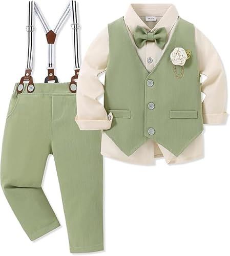 Zoerea Bimbo Completini e Coordinati Gentiluomo Abbigliamento Ragazzino Battesimo Cerimonia Abbigliamento Set Camicia Fiocco+Gilet+Pantaloni+Corsage Stile 3 Verde,18-24 mesi