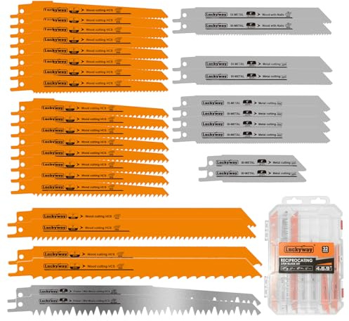 Luckyway 32-Piece Reciprocating Saw Blades Set, Sawzall Blades Set, Metal/Woodcutting Saw Blades, Pruner Saw Blades with Tough Storage Case