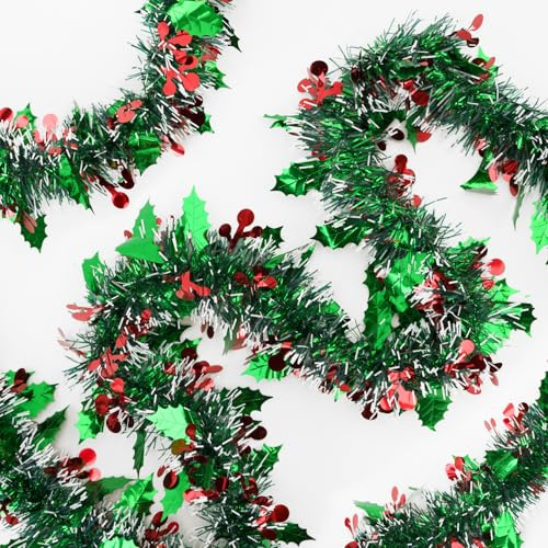 KINGLAKE Christmas Red and Green Tinsel Garland - Green Red Berry Christmas Garland,33 Feet Christmas Tree Garland Metallic Hanging Tinsel Garland for Xmas Tree Decoration Holiday Party Indoor Outdoor