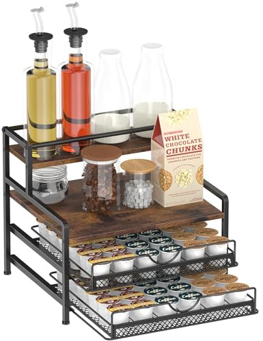 OGEMXU Coffee Syrup Rack Organizer,3 Tier Coffee Bar Organizer with 72 K Cup Storage, Coffee Cup Organizer Countertop for Storing Syrup, Wine, Coffee Capsules -Rustic Brown