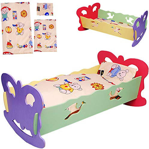 alles-meine.de GmbH Wiegenset: Puppenwiege aus Holz - 49 cm groß - mit Bettzeug - Holzwiege aus Buntem Naturholz - Wiegenset - Schmetterling Mädchen & Jungen - Bett - große Puppe..