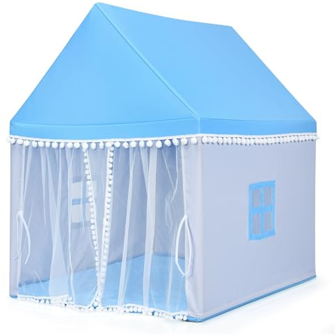 HOMASIS Kinderzelt für Indoor, Kinderspielhaus mit Matte & Fenstern & Holzrahmen & Vorhang, Kinder Spielzelt Prinzessin für Mädchen & Jungen, Bettzelt Tipi Zelt 105x120x140 cm (Modell 1-Blau)