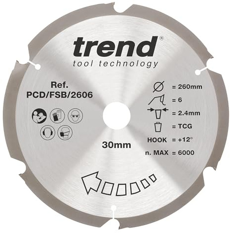 Trend Kreissägeblatt aus PKD-Faserzement, 260 mm Durchmesser, 30 mm Bohrung, 6 Zähne, 2,4 mm Schnittfuge, +12° Haken, PKD, grobe Oberfläche, PCD/FSB/2606