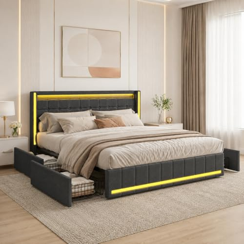 Säng med ribbotten, LED och USB, vadderad dubbelsäng med 4 lådor, för 2 personer, klädd säng med mycket förvaring, lådsäng för vuxna och tonåringar (mörkgrå, 140 x 200 cm)