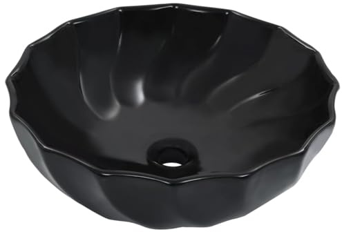 Lavabo de Cerámica Negro, Diseño Redondo con Estampado Floral, para Baño, Aseo o Tocador, Montaje sobre Encimera, Fácil Limpieza, Acabado Brillante, 46x17 cm