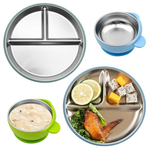 Geentargetel 4 Pezzi, Piatto con Ventosa per Bambini e Ciotole per Bambini, in Acciaio Inox e Silicone, a Prova di Caduta, Lavabili in Lavastoviglie, Adatti a Neonati e Bambino