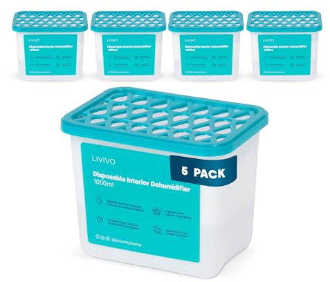 LIVIVO 1000ml Disposable Dehumidifiers - 5 Pack Large Capacity Moisture Absorber & Damp Trap for Damp, Mould and Condensation - Ideal for Home, Kitchen, Wardrobe, Caravan, Garage and Bathroom