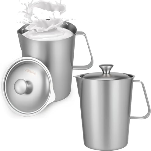 2 vasos medidores de acero inoxidable, 2 jarras de espuma de leche de acero inoxidable con mango y prueba de óxido, graduada de metal con marca transparente para restaurante casero, café con