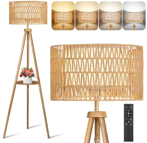 OUTON Stehlampe Holz Dreibein, Fernbedienung, 4 Farbtemperaturen, 1H Timer | Rattan, Leinen-Doppelschirmen mit Regal für Schlafzimmer, Wohnzimmer, Büro