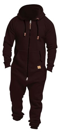Generisch Tuta da uomo con cappuccio, tuta monopezzo oversize con cerniera, tuta casual monopezzo tinta unita, jogger in felpa, tuta da notte, tuta casual tinta unita, tuta da casa, O marrone, 4XL