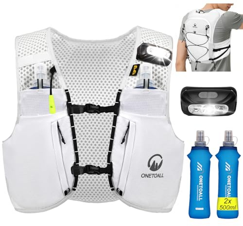 ONETOALL Gilet Running Uomo Donna, Zaino Trail Running con 2 Borraccia Morbida 500ml y Luce LED Ricaricabile, Gilet Corsa Leggero, Running Vest Zaino Corsa Zaino Idratazione per Trekking Ciclismo Sci