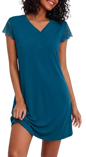 Demegimi Chemise de Nuit Femme été Manches Courtes col V à Boutons Robe de Nuit Femme