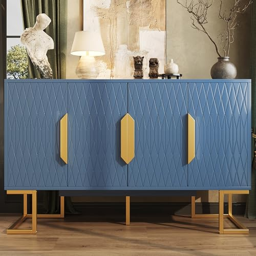 Merax Sideboard 140x40x80 cm,Aufbewahrungsschrank mit 4 Türen, Küchenschrank & Anrichte aus MDF mit verstellbaren Regalen, Metallsockel, Kippschutz,blau