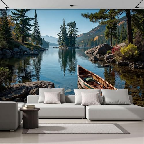 Papel Pintado Panorámico La Canoa Está Amarrada El Lago 366An×256Al cm Fotomurales No Tejido, Naturaleza Bosque Mural Foto XL Decoración Póster Pared 3D Para Salón Fotográfico Dormitorio Pared Sala
