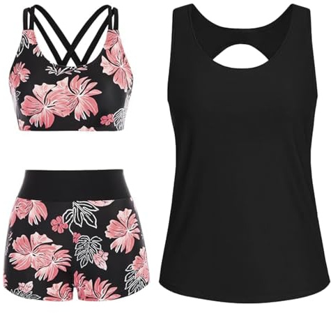 CheChury Tankini-set för kvinnor, 3 delar, atletiska badkläder, racerback topp, sport-bh och badshorts med fickor, baddräkt blygsamma tankini-set Storbritannien