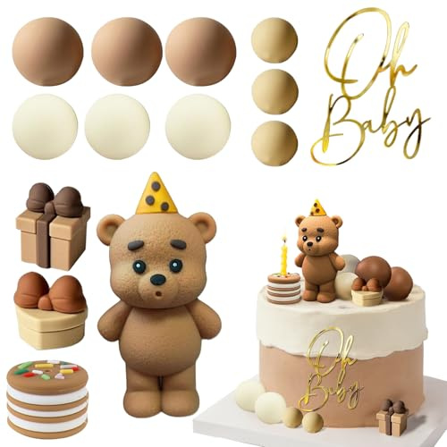 14 Stück Teddybär Tortendeko,Oh Baby Cake Topper Gold,Bär Tortendeko Braun,Kuchendekoration Babyparty,Torten Deko für Geburtstag Hochzeit BabyShower Partydeko (Kerzen Nicht Enthalten)