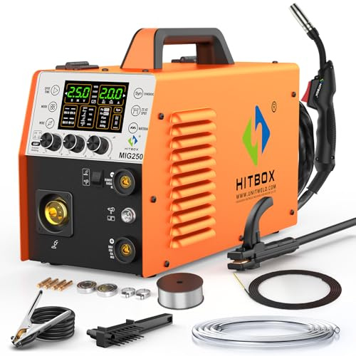 HITBOX MIG250 250A 240V 6-in-1 Aluminum MIG Welder | Gas & Gasless MIG, ARC, Lift TIG, LED Digital Display, Flux & Solid Wire, IGBT Inverter