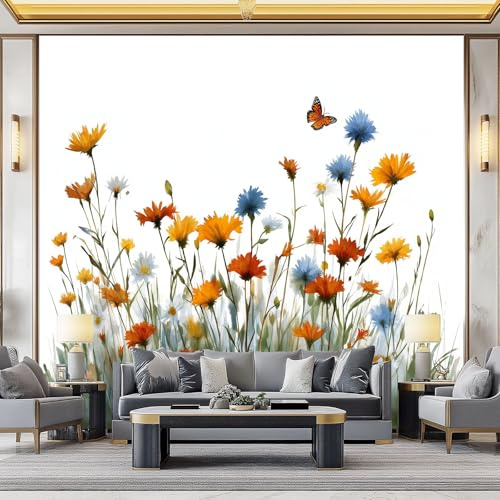 Carta da parati fotografica con fiori selvatici ad acquerello, 200 x 140 cm, decorazione da parete 3D, estetica pastorale, in seta, per soggiorno, camera da letto, cameretta dei bambini, ufficio