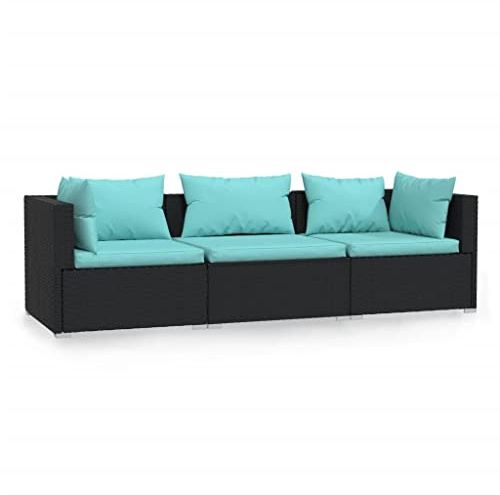 PUGYNBK 3-Sitzer PE Rattan Sofa mit Kissen Schwarz, 3-Sitzer-Sofa mit Auflagen für Innen und Außen, pulverbeschichteter Stahlrahmen, abnehmbare Sitzkissen