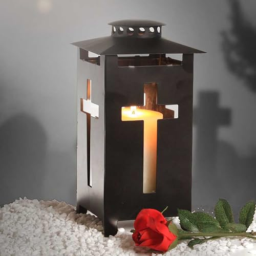 Grablaterne aus Metall mit Kreuzdekor - 13,5 x 13,5 x 25 cm | Ausgestanztes Kreuz, für Grab, Friedhof & Gedenkplatz