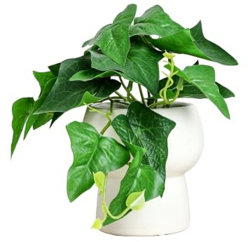 Vid artificial de camote con follaje de hiedra en maceta alta de cerámica color crema vintage, pequeña planta de escritorio sintética para alféizar de ventana, decoración de estanterías, bajo